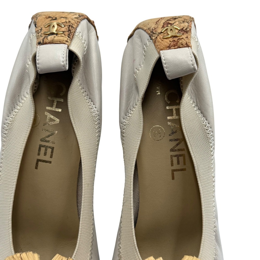 CHANEL Camellia Raffia Cork‎ Platform Heels 37 Beige Peep Toe Resort Boho - Picture 4 of 9